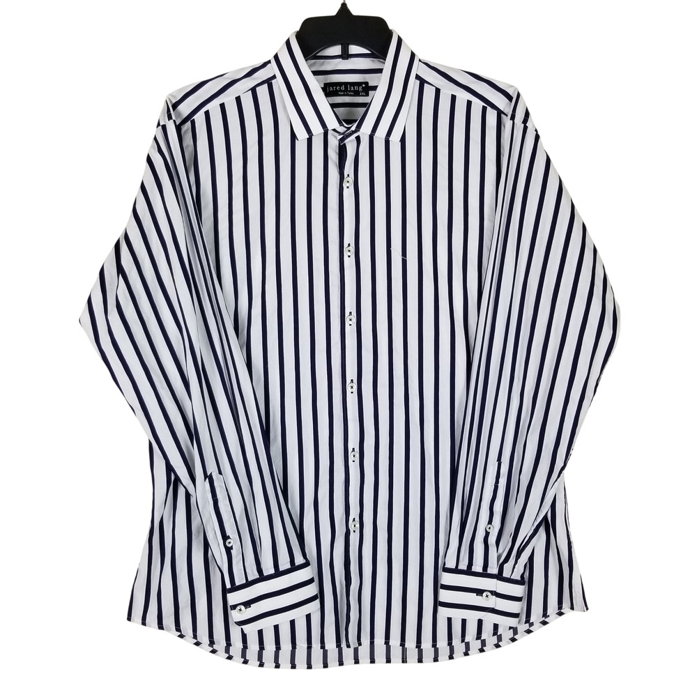 Jared Lang Button Down Shirt Mens 2XL White Navy Blue Striped Long Sleeve Cotton